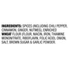 The image shows the ingredient list for a spice blend, including spices, enriched wheat flour, onion, salt, brown sugar, and garlic powder.
