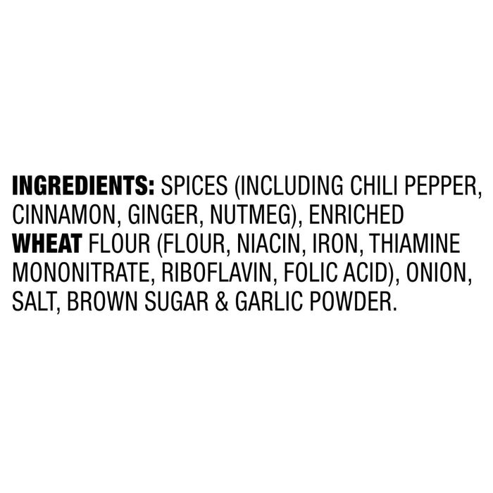 The image shows the ingredient list for a spice blend, including spices, enriched wheat flour, onion, salt, brown sugar, and garlic powder.