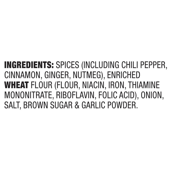 The ingredients list for Mccormick Pumpkin Chili 1.25 Oz is displayed, detailing spices including chili pepper, cinnamon, ginger, nutmeg, enriched wheat flour, onion, salt, brown sugar, and garlic powder.