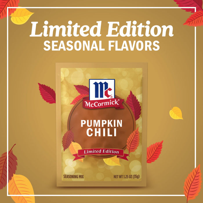 McCormick's Limited Edition Pumpkin Chili seasonal flavor packet is displayed with autumn leaves.