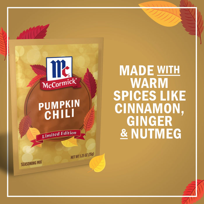 McCormick Pumpkin Chili seasoning mix, made with warm spices like cinnamon, ginger, and nutmeg.
