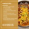 This image features a recipe for McCormick Pumpkin Chili, listing ingredients and suggesting toppings like shredded cheese and chopped onions.