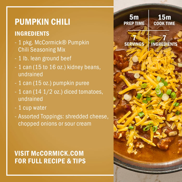 This image features a recipe for McCormick Pumpkin Chili, listing ingredients and suggesting toppings like shredded cheese and chopped onions.