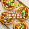 A close-up shows four bread bowls filled with chili, topped with diced onions and sliced jalapeA?os, suggesting a recipe that can be prepared with ground beef or ground turkey.