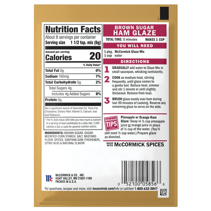 The image shows the packaging for McCormick Ham Glaze, including nutrition facts and preparation instructions.