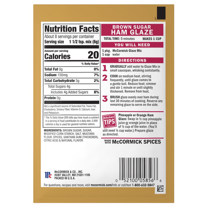 A package of Mccormick Brown Sugar Glazed Ham 1.75 Oz, featuring nutrition facts, ingredients, and preparation directions for a brown sugar ham glaze.