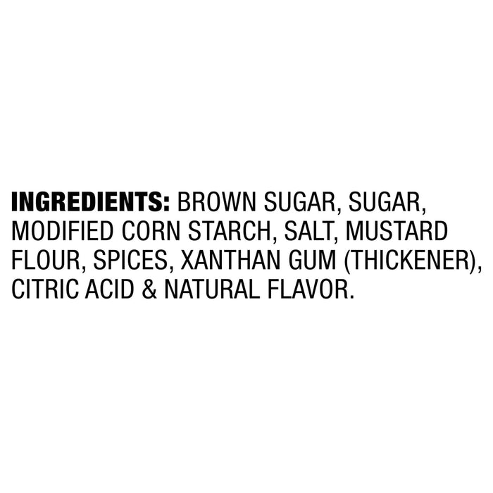 The image shows a list of ingredients including brown sugar, sugar, modified cornstarch, salt, mustard flour, spices, xanthan gum, citric acid, and natural flavor.