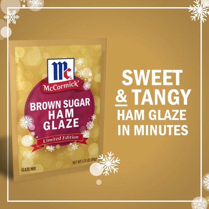 McCormick Brown Sugar Ham Glaze package, promoting a sweet and tangy glaze in minutes.