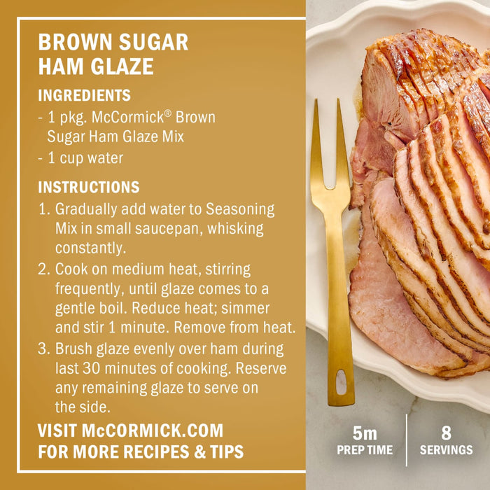 A McCormick Brown Sugar Ham Glaze recipe card shows a glazed ham ready to serve.