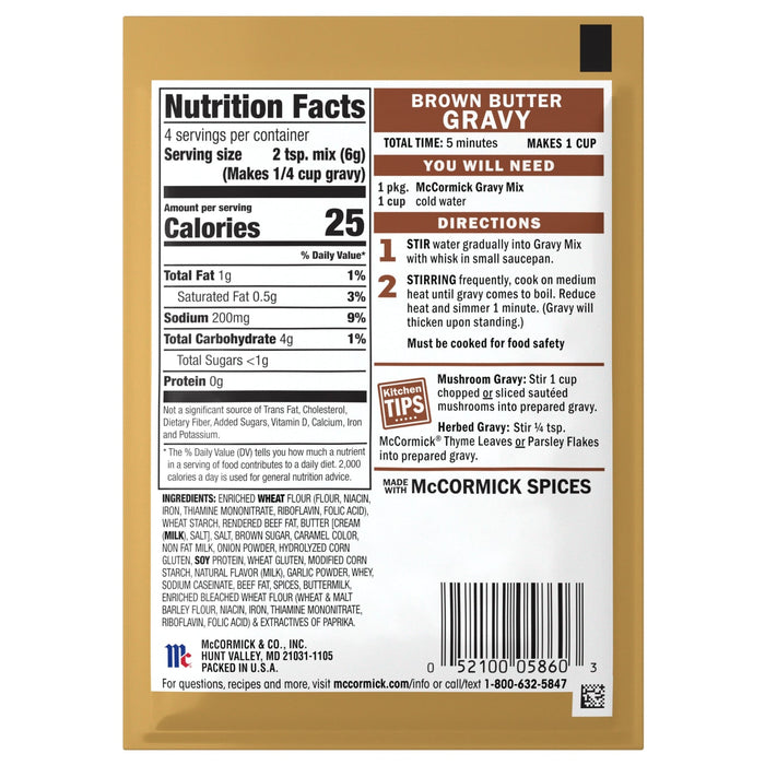 McCormick Brown Gravy Mix package showing nutrition facts and preparation instructions.