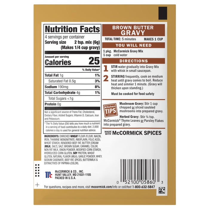 A package of Mccormick Brown Butter Gravy Mix .87 Oz, showing its nutrition facts, ingredients, and cooking directions.