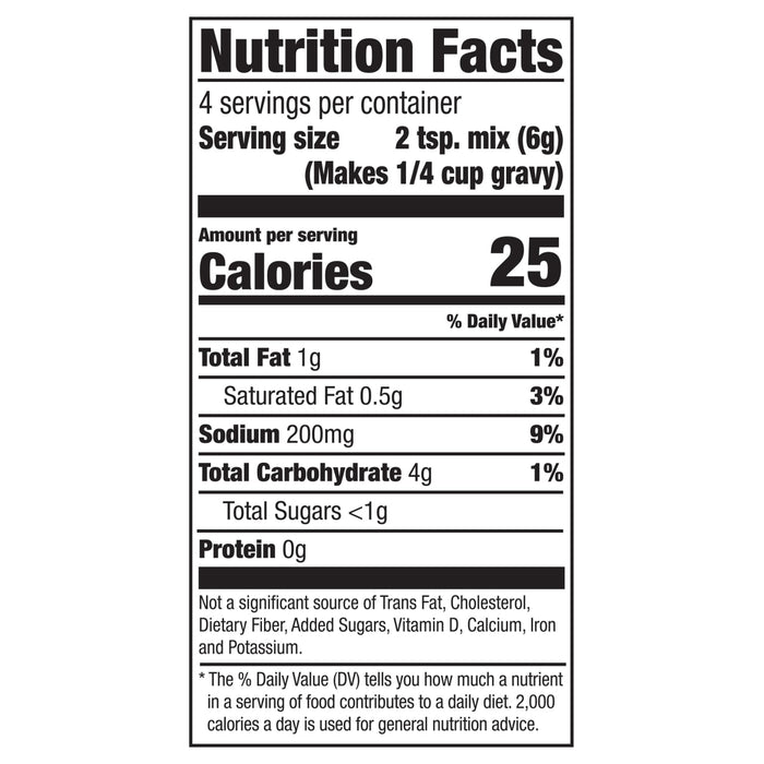 This is a nutrition facts label showing that a serving of gravy mix contains 25 calories, 1g of fat, and 280mg of sodium.