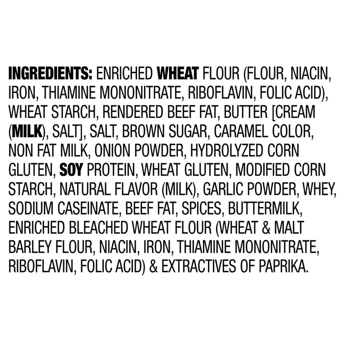 The image shows the ingredient list for a food product, including enriched wheat flour, beef fat, butter, milk, soy protein, and spices.
