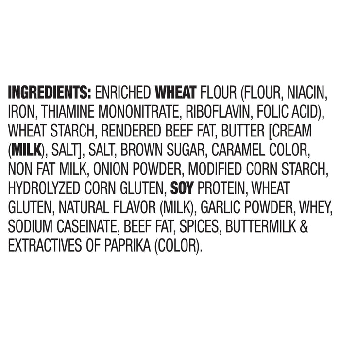 The image shows the ingredient list for a food product, including enriched wheat flour, beef fat, butter, milk, soy protein, and spices.