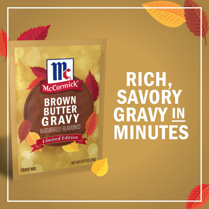 McCormick Brown Butter Gravy packet promises rich, savory gravy in minutes.