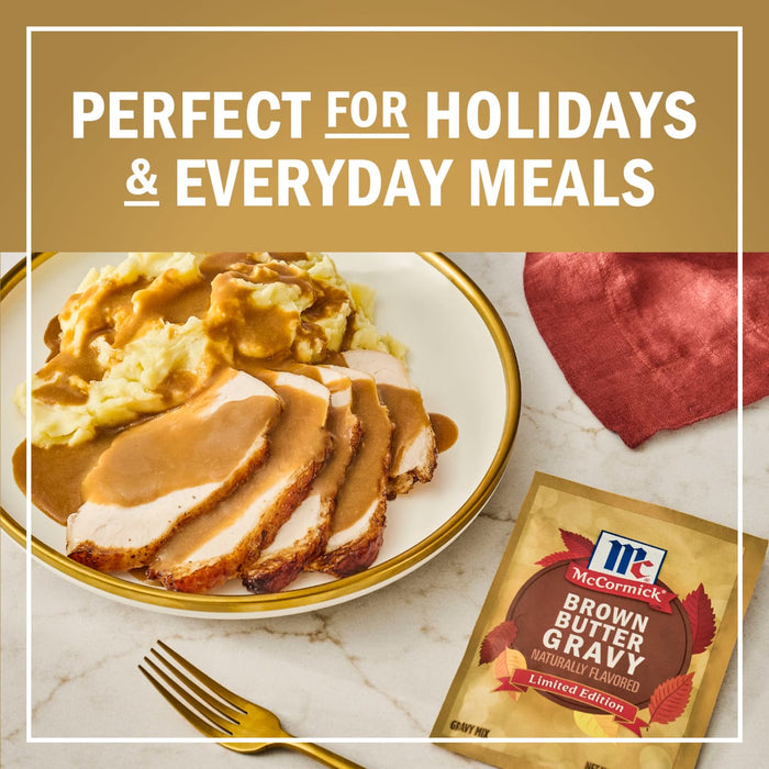 A plate of sliced turkey and mashed potatoes covered in McCormick Brown Gravy, perfect for holidays and everyday meals.
