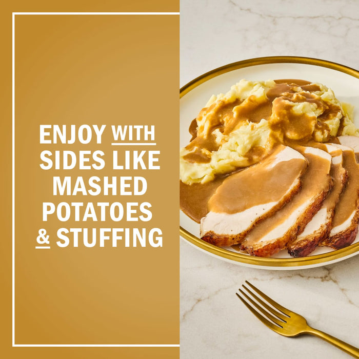 A plate of sliced turkey and mashed potatoes with gravy, suggesting it can be enjoyed with sides like mashed potatoes and stuffing.