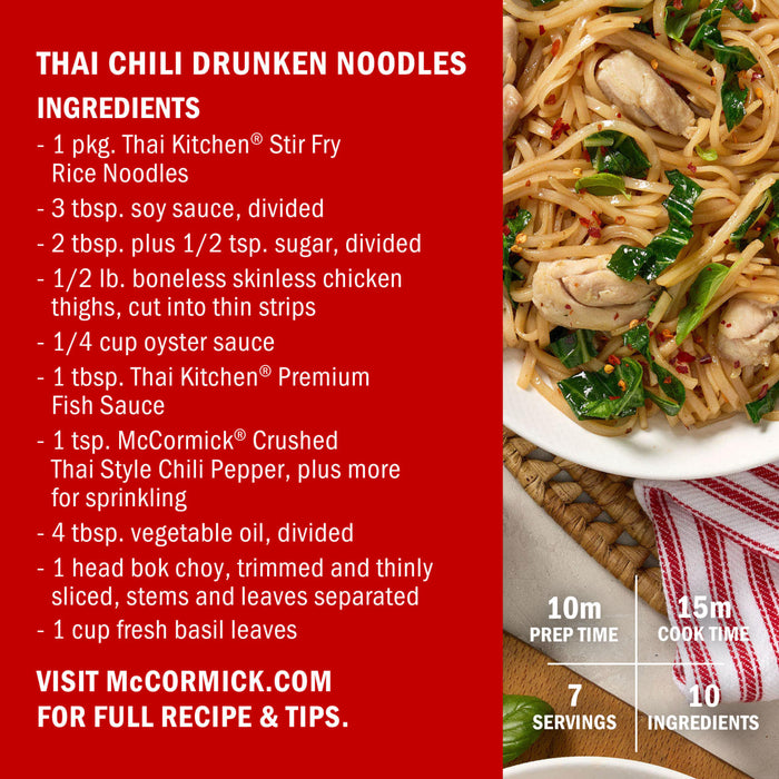 This image shows a recipe for Thai Chili Drunken Noodles listing ingredients like Thai Kitchen Stir Fry Rice Noodles and McCormick Crushed Thai Style Chili Pepper along with prep and cook times.