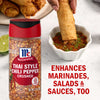 A jar of McCormick Thai Style Chili Pepper Crushed is featured next to a bowl of dipping sauce and egg rolls highlighting its versatility in enhancing marinades salads and sauces.