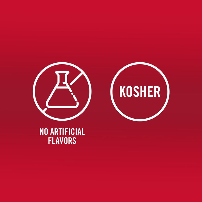 The image shows icons indicating no artificial flavors and Kosher certification.