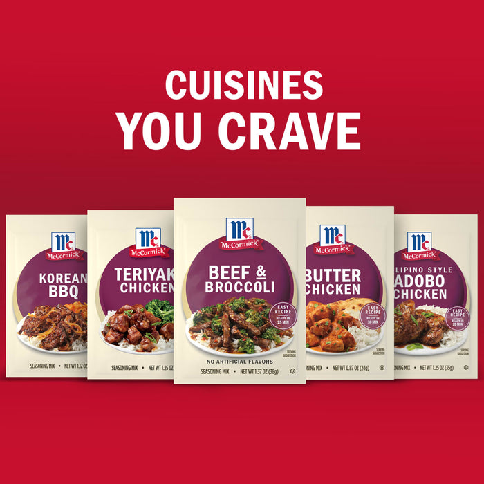 McCormicks seasoning mixes for Korean BBQ Teriyaki Chicken Beef &amp; Broccoli Butter Chicken and Lipino Style Adobo Chicken are displayed under the text Cuisines You Crave.