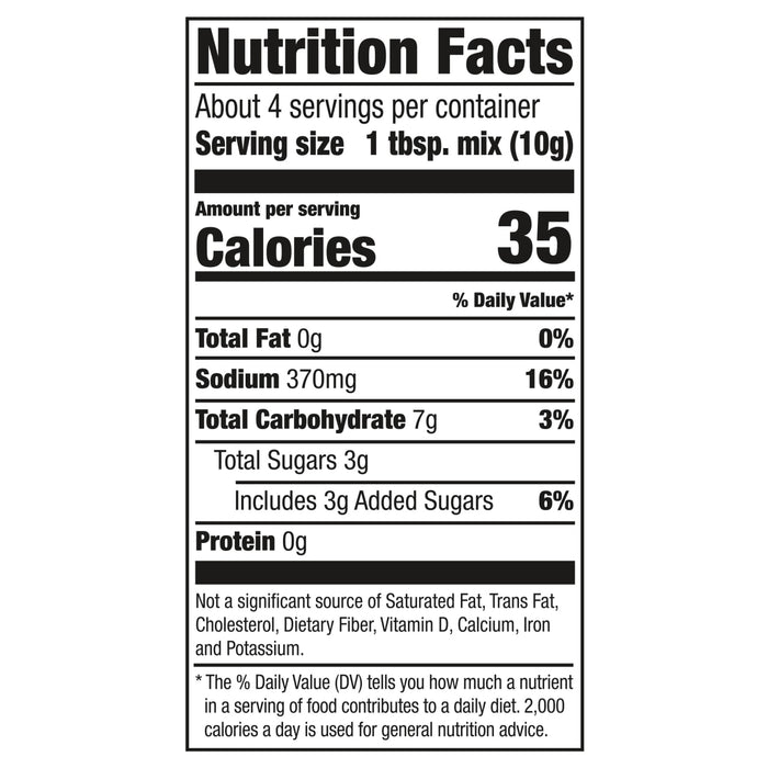 Nutrition facts label showing that one tablespoon of mix contains 35 calories 0g of total fat 370mg of sodium 7g of total carbohydrates 3g of total sugars 3g of added sugars and 0g of protein.