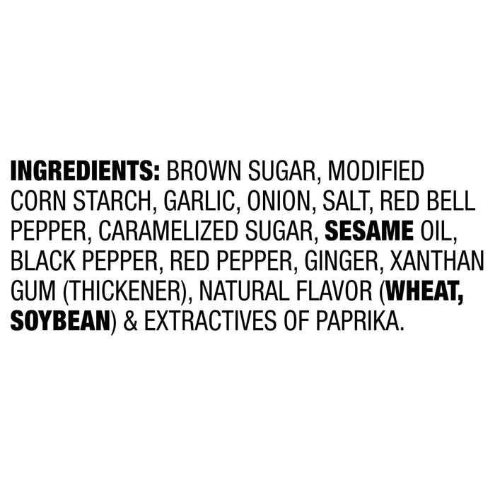 The image displays a list of ingredients including brown sugar modified corn starch garlic onion salt red bell pepper caramelized sugar sesame oil black pepper red pepper ginger xanthan gum natural flavor wheat soybean and extractives of paprika.