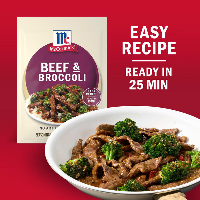A McCormick Beef &amp; Broccoli seasoning packet is displayed next to a pan of beef and broccoli highlighting the easy recipe that is ready in 25 minutes.
