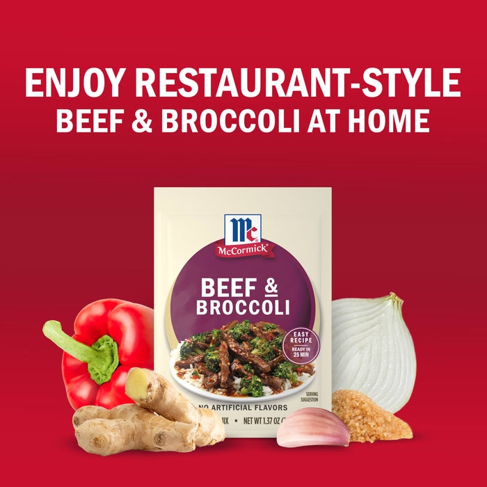 McCormick Beef &amp; Broccoli seasoning mix is displayed with fresh ingredients promoting an easy restaurant-style meal at home.