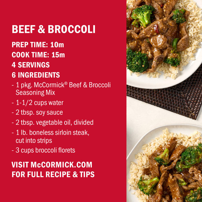 A plate of McCormick Beef &amp; Broccoli with rice is shown with the recipe and ingredients listed.
