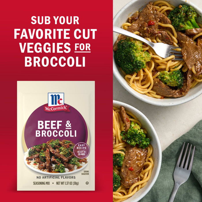 McCormick Beef &amp; Broccoli seasoning mix is featured alongside bowls of beef and broccoli stir-fry suggesting substituting your favorite cut veggies for broccoli.