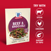 A packet of McCormick Beef &amp; Broccoli seasoning mix is shown with suggested pairings of steak chicken or shrimp or tofu.