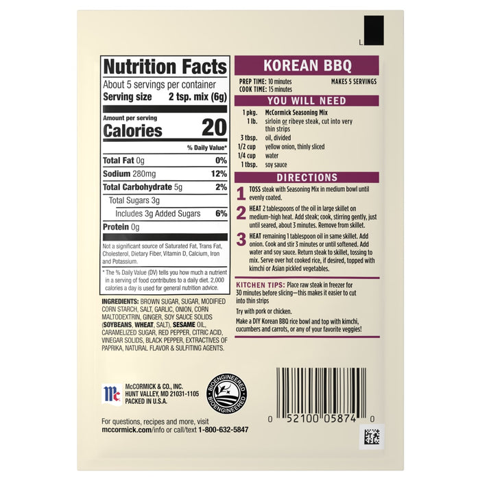 The McCormick Korean BBQ seasoning mix packaging provides nutrition facts ingredients and recipe directions.