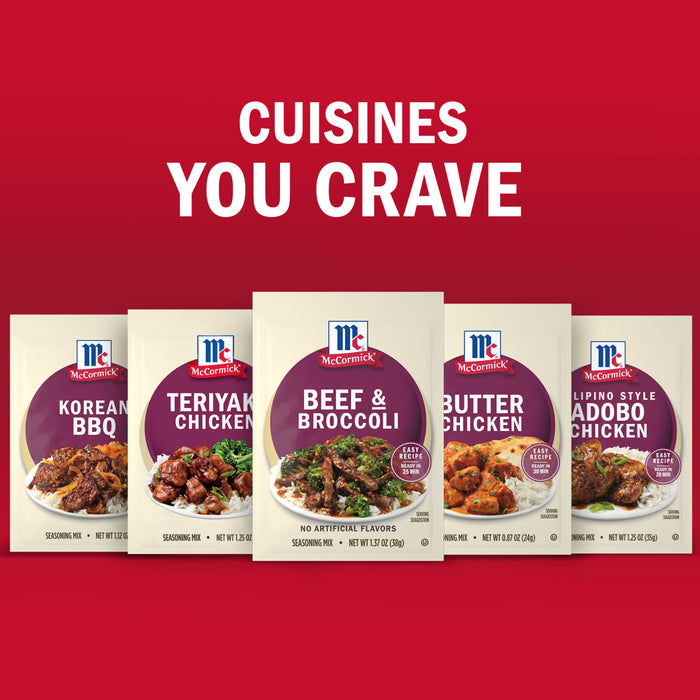 McCormicks Cuisines You Crave product line features seasoning mixes for Korean BBQ Teriyaki Chicken Beef &amp; Broccoli Butter Chicken and Adobo Chicken.
