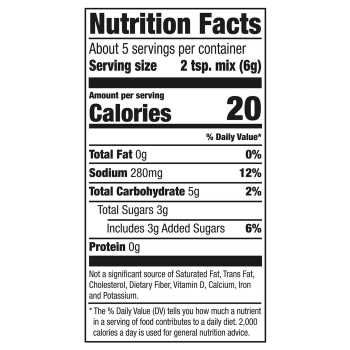 This is a nutrition facts label showing that one serving size (2 tsp. mix (6g)) contains 20 calories 0g of total fat 280mg of sodium 5g of total carbohydrates 3g of total sugars (including 3g of added sugars) and 0g of protein.