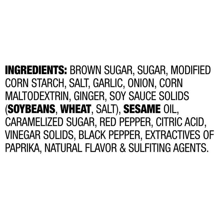 The image displays a list of ingredients including brown sugar sugar modified corn starch salt garlic onion corn maltodextrin ginger soy sauce solids (soybeans wheat salt) sesame oil caramelized sugar red pepper citric acid vinegar solids black pepper extractives of paprika natural flavor and sulfiting agents.