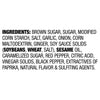 The image displays a list of ingredients including brown sugar sugar modified corn starch salt garlic onion corn maltodextrin ginger soy sauce solids (soybeans wheat salt) sesame oil caramelized sugar red pepper citric acid vinegar solids black pepper extractives of paprika natural flavor and sulfiting agents.