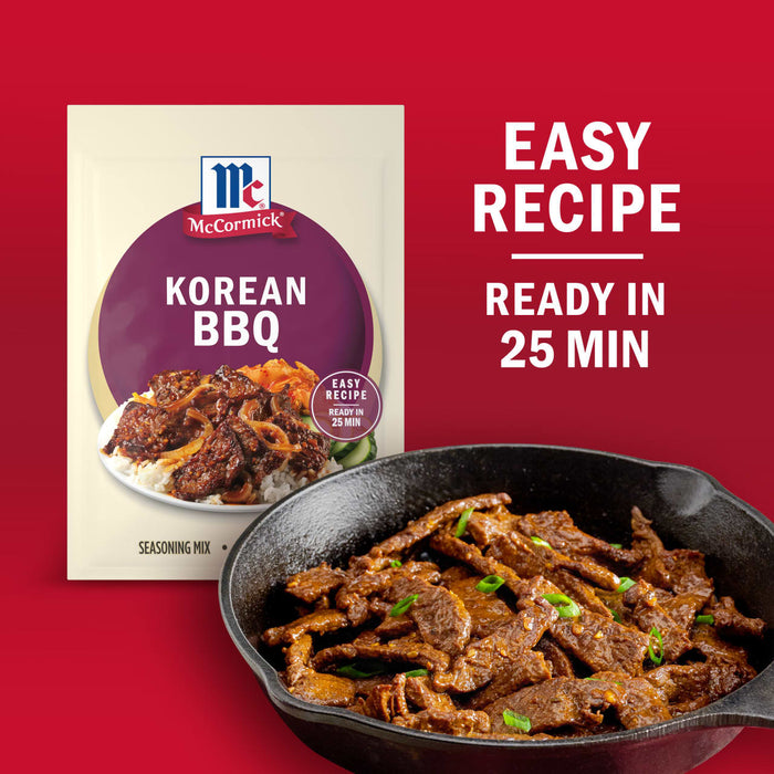 A McCormick Korean BBQ seasoning mix packet is displayed next to a skillet of Korean BBQ beef with the text Easy Recipe Ready in 25 Min on a red background.