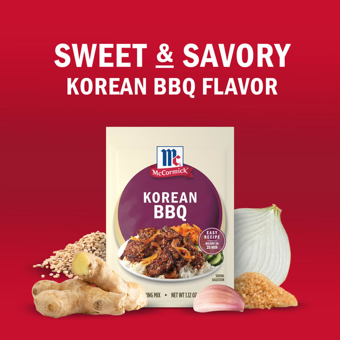 McCormick Korean BBQ flavor packet surrounded by ingredients like ginger sesame seeds onion garlic and brown sugar.
