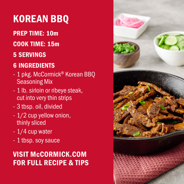 This image features a Korean BBQ recipe from McCormick including prep and cook times servings ingredients and a call to action to visit McCormicks website for the full recipe and tips.