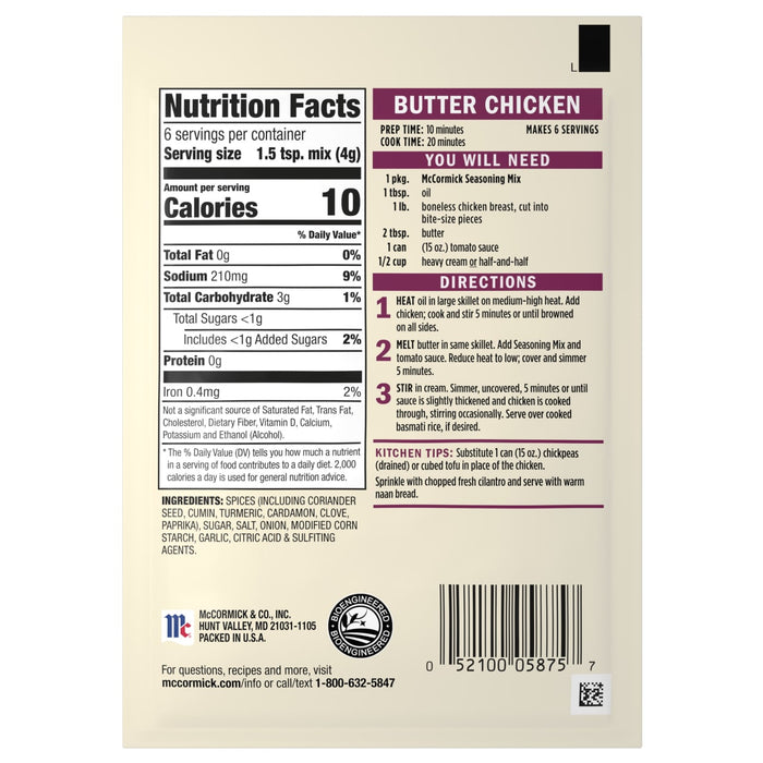 McCormick® Butter Chicken Seasoning Mix, 0.87 oz (6-Pack)
