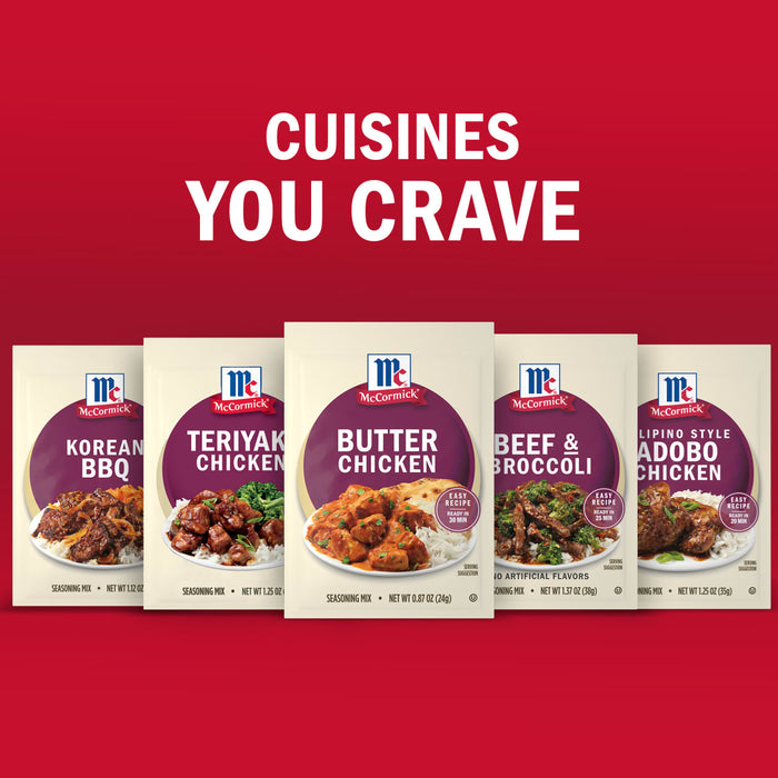 McCormicks image showcasing a variety of seasoning mixes for different cuisines including Korean BBQ Teriyaki Chicken Butter Chicken Beef &amp; Broccoli and Filipino Style Adobo Chicken.