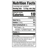 Nutrition facts label showing that one serving contains 10 calories 0g of total fat 210mg of sodium 3g of total carbohydrate less than 1g of total sugars 0g of protein and 0.4mg of iron.