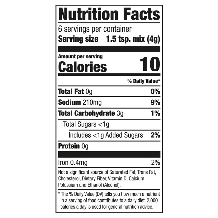 Nutrition facts label showing that one serving contains 10 calories 0g of total fat 210mg of sodium 3g of total carbohydrate less than 1g of total sugars 0g of protein and 0.4mg of iron.