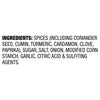 The image displays a list of ingredients including spices like coriander seed cumin turmeric cardamom clove paprika sugar salt onion modified corn starch garlic citric acid and sulfiting agents.