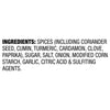 The image displays a list of ingredients including spices like coriander seed cumin turmeric cardamom clove paprika sugar salt onion modified corn starch garlic citric acid and sulfiting agents.