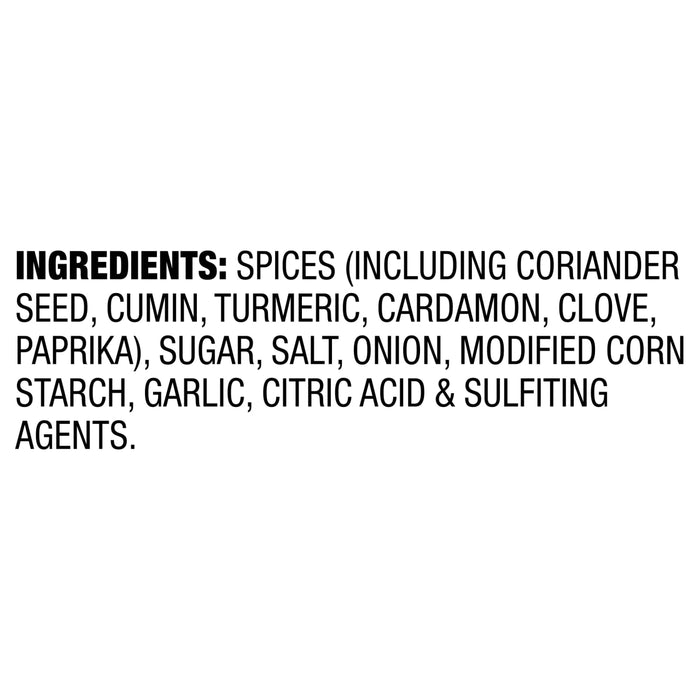 The image displays a list of ingredients including spices like coriander seed cumin turmeric cardamom clove paprika sugar salt onion modified corn starch garlic citric acid and sulfiting agents.