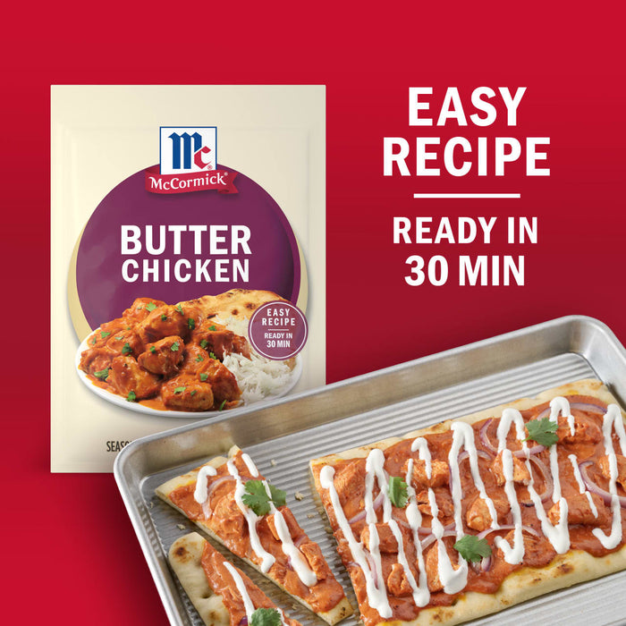 A McCormick Butter Chicken seasoning packet is displayed next to a flatbread pizza topped with butter chicken red onions and a white sauce highlighting the easy recipe and 30-minute preparation time.