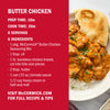 A plate of McCormick Butter Chicken with rice and naan bread is shown with the recipe ingredients and preparation instructions.