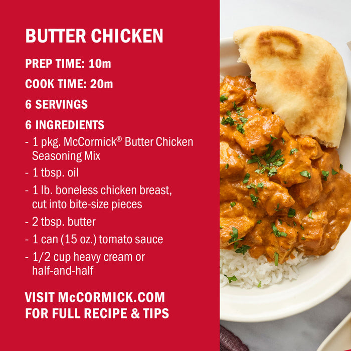 A plate of McCormick Butter Chicken with rice and naan bread is shown with the recipe ingredients and preparation instructions.